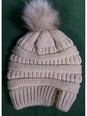 Women Knit Slouchy Beanie Chunky Baggy Hat with Faux Fur Pompom Pink Hiking EUC